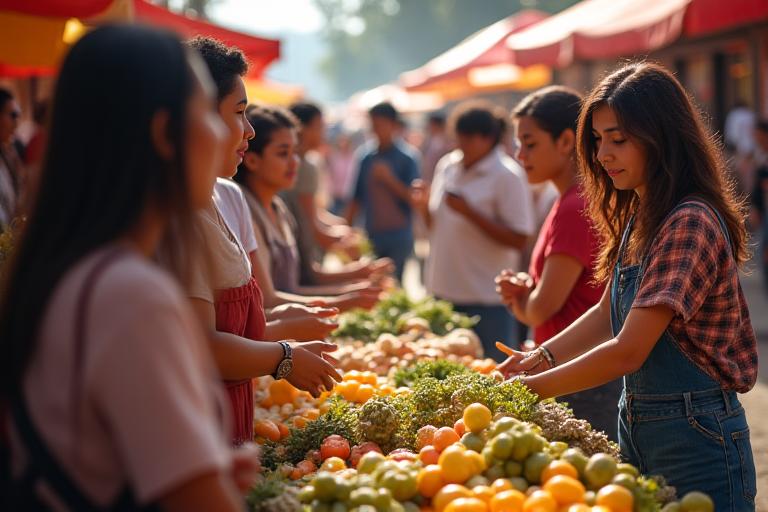 Grupo de estudiantes aprendiendo español en un mercado local en España.