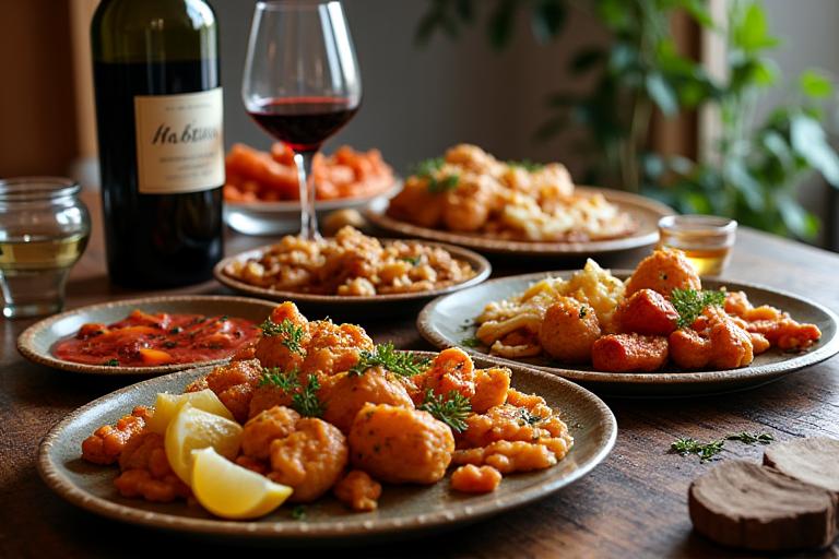 Mesa servida con platos de gastronomía local y vino, lista para una degustación.